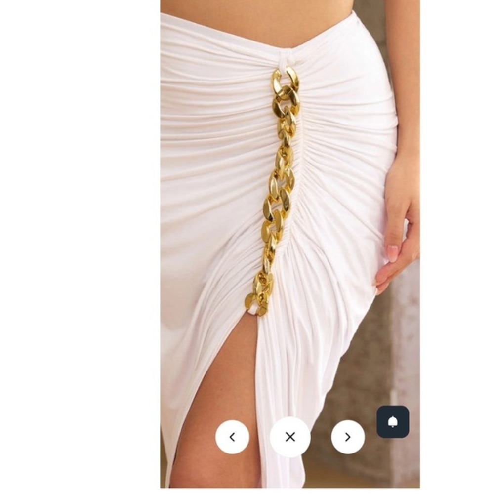 MICAS White Ruched Maxi Skirt‎ Gold Chain Link Detail XS New With Tags